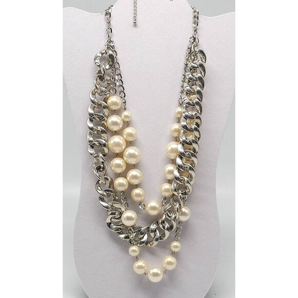 Large Bauble Layered Pearl Silver Tone Chain Necklace - Picture 1 of 5